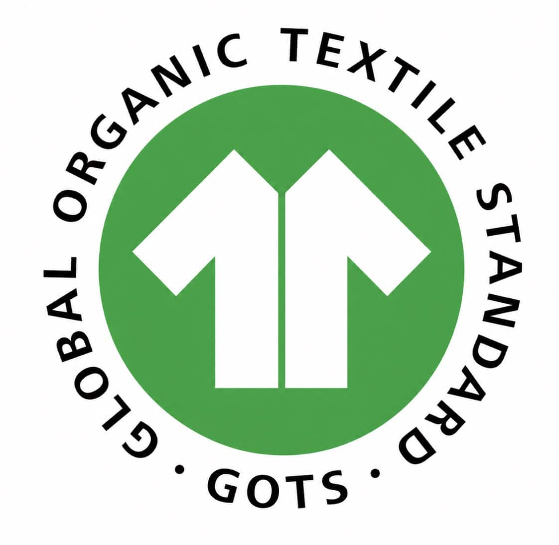 Global Organic Textile Standard (GOTS) certification logo featuring a green circle with a white shirt icon in the center and the words "Global Organic Textile Standard • GOTS" surrounding it.