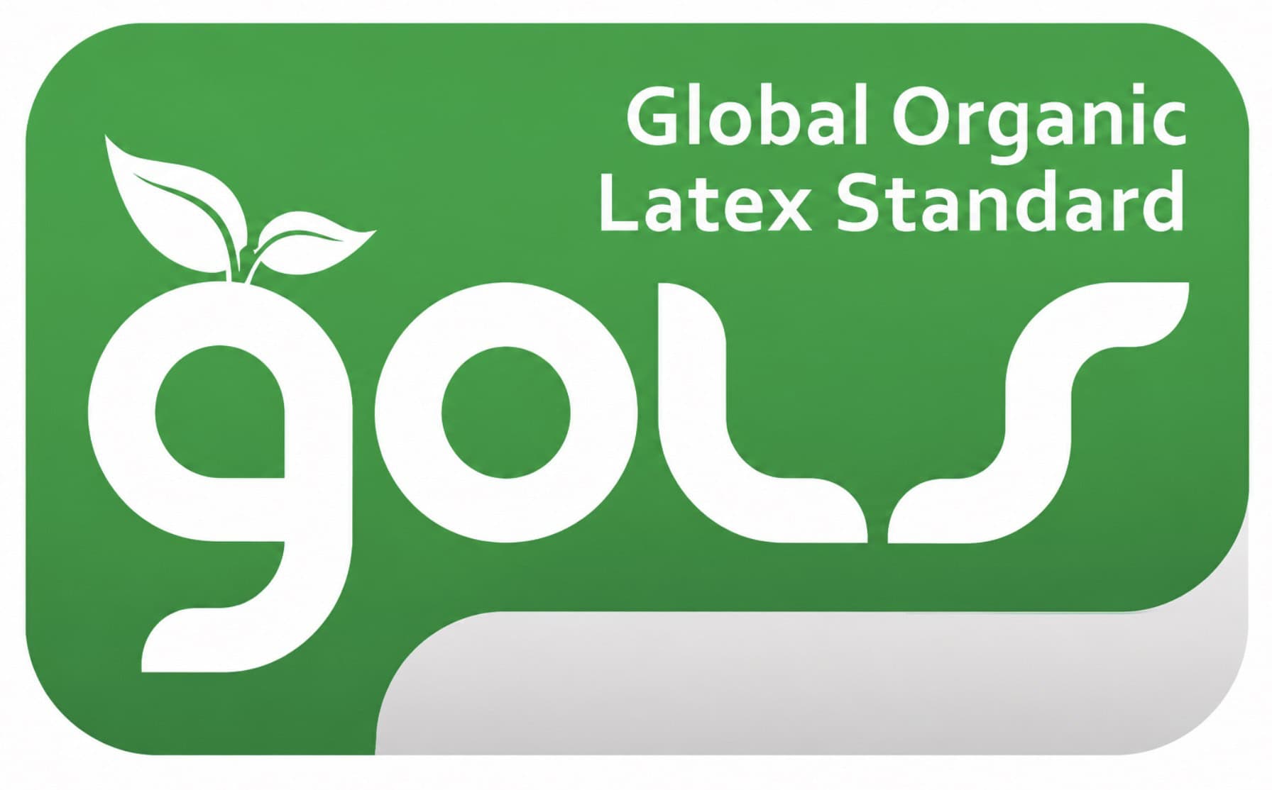 Global Organic Latex Standard (GOLS) certification logo featuring a green rounded rectangle with a white "gols" wordmark, a leaf above the "g," and the words "Global Organic Latex Standard" in white at the top right.