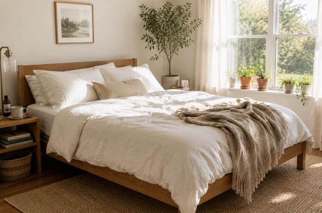 Modern bedroom with a natural wood bed frame
