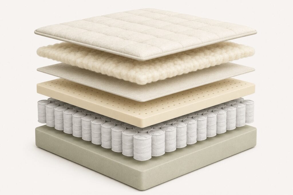 exploded view of a mattress showing its internal layers.