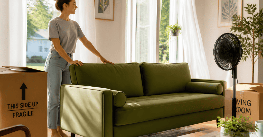 Woman airing out a newly delivered green sofa near open windows and a standing fan.