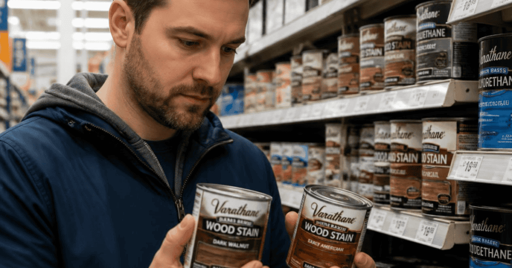 Shopper comparing two cans of wood stain in a hardware store aisle.