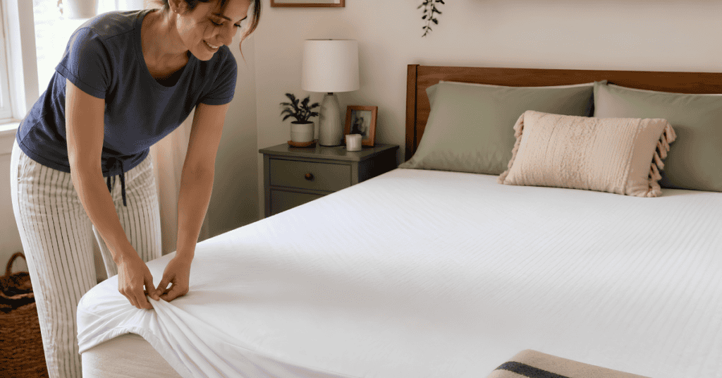 Woman fitting a white cotton mattress cover over a bed in a softly lit bedroom.