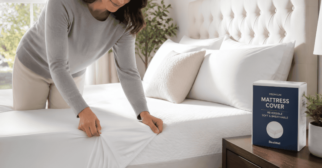 Woman fitting a white mattress cover over a bed in a bright, softly lit bedroom.