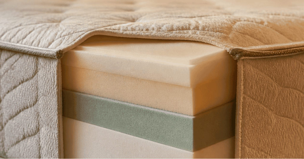 Close-up of a cutaway mattress showing layered foam materials beneath a quilted cover.