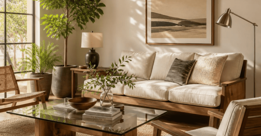Sunlit living room with a wood-framed sofa, glass coffee table, natural textiles, and houseplants.