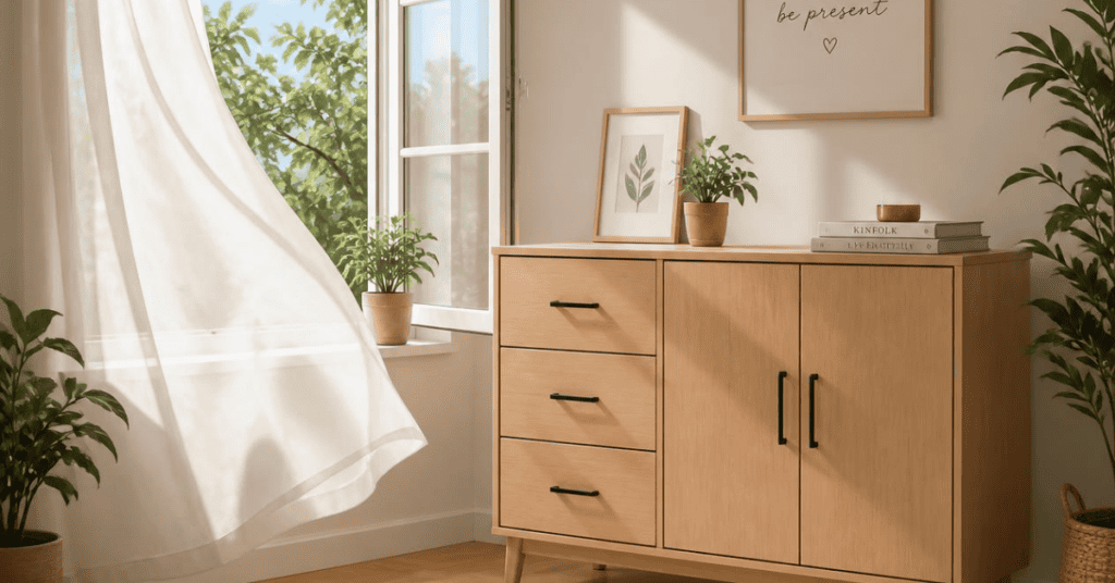 Light wood cabinet beside an open window in a bright, plant-filled room.