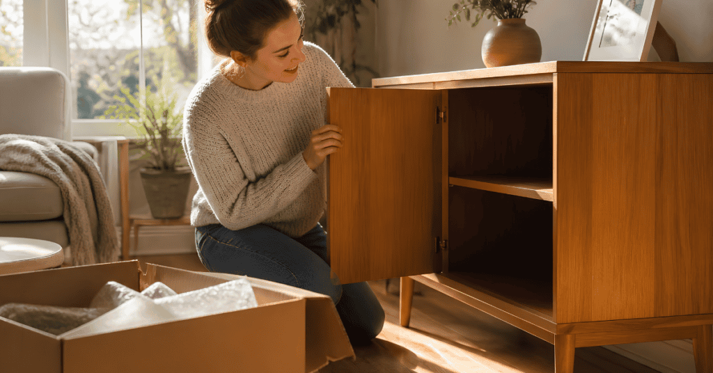 Woman opening a new wooden cabinet beside an unpacking box in a bright living room.