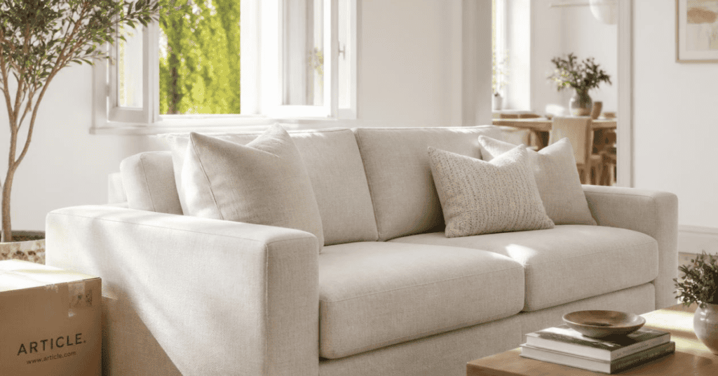 Newly delivered beige sofa beside an open window and cardboard box in a bright living room.