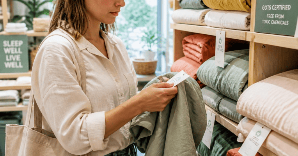 Shopper checking a certification tag on organic bedding in a home goods store.