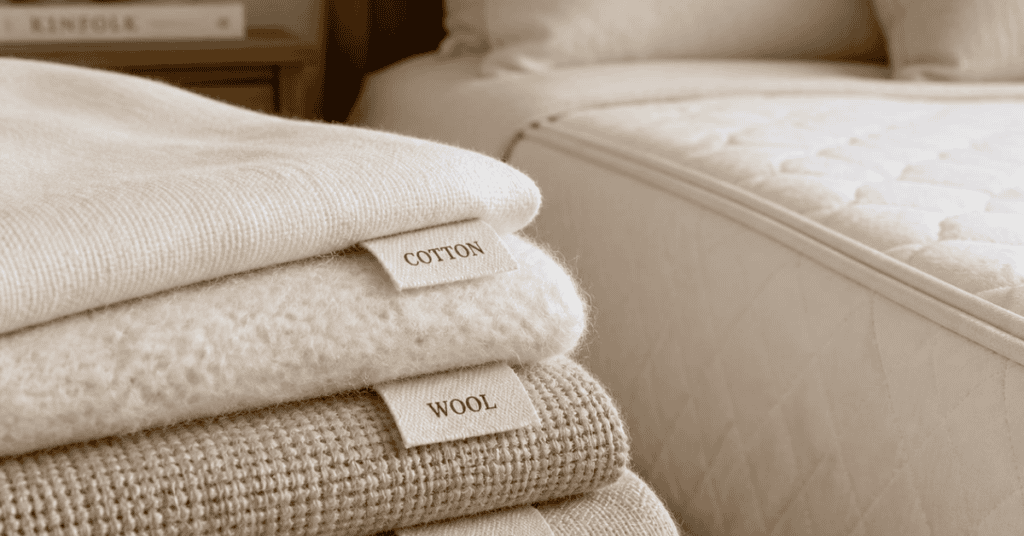 Close-up of cotton, wool, and textured natural fabrics beside an uncovered mattress.