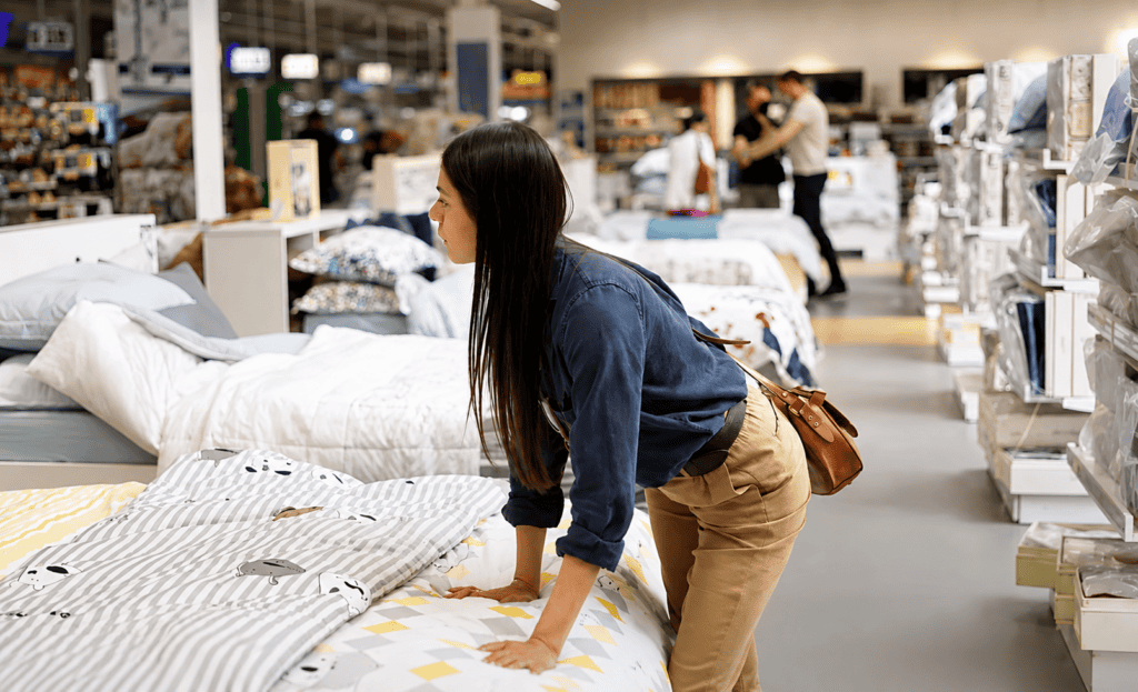 Shopper testing a mattress in a bedding showroom while comparing options in a retail store.