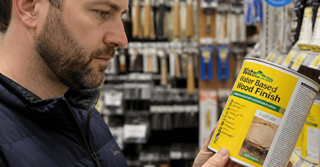 Shopper reading the label on a water-based wood finish can in a hardware store.