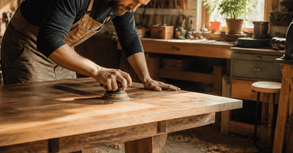 Craftsperson sanding a solid wood table in a sunlit workshop.