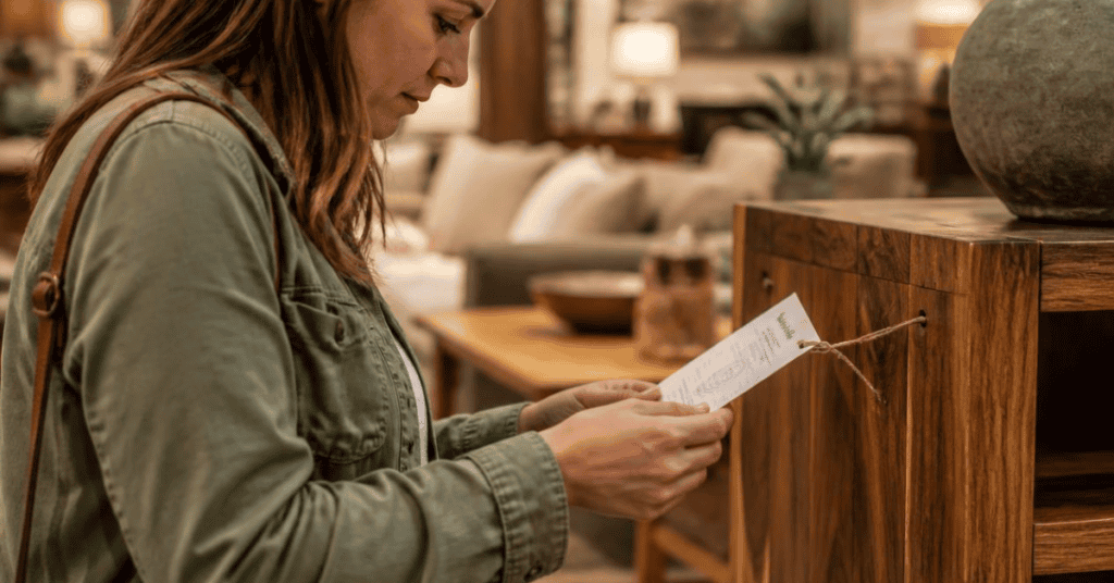 Shopper reading a material tag attached to a wooden cabinet in a furniture store.