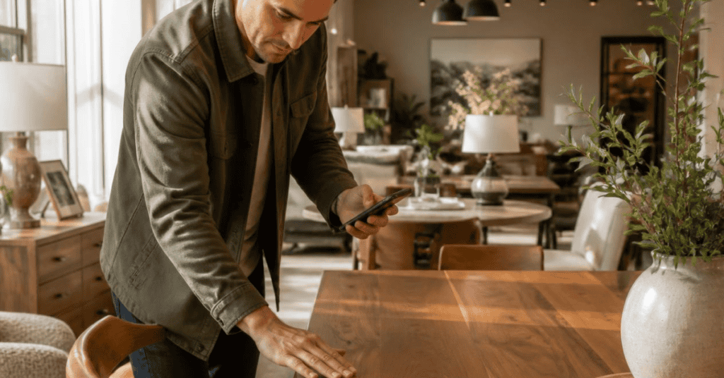 Man inspecting a solid wood dining table while researching furniture details on his phone in a showroom.