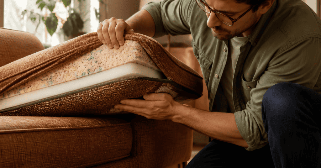 Man lifting a sofa cushion to inspect the foam and inner upholstery layers.