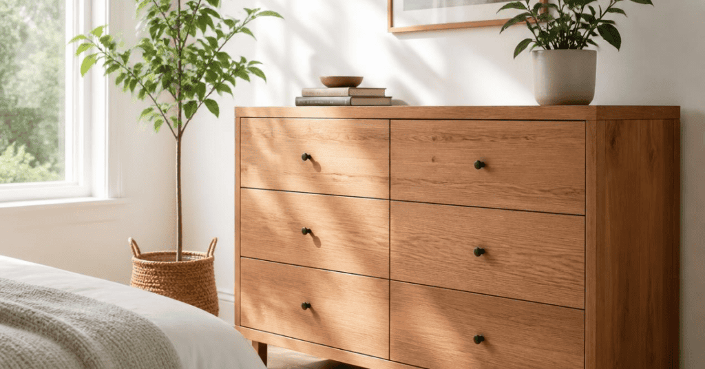Solid wood dresser with black knobs in a bright bedroom beside a window and potted plant.
