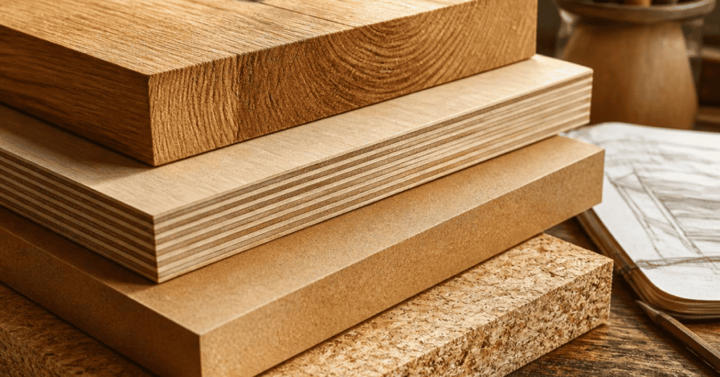 Close-up of solid wood, plywood, MDF, and particleboard samples showing their different cores.
