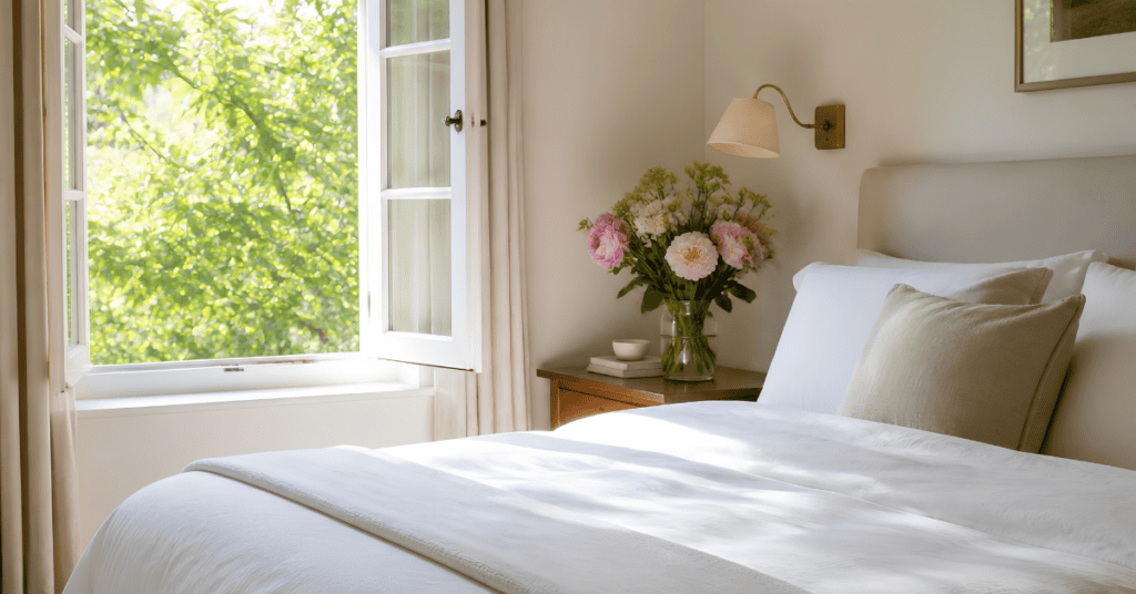 Bright bedroom with an open window, fresh bedding, and natural light to suggest indoor air flow.