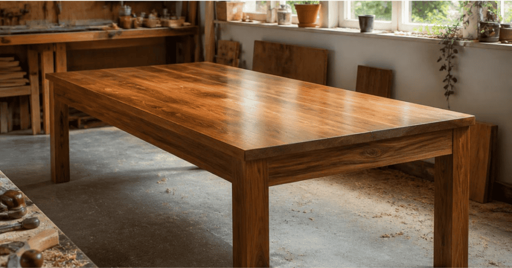 Finished wooden table curing near open windows in a bright, ventilated workshop.