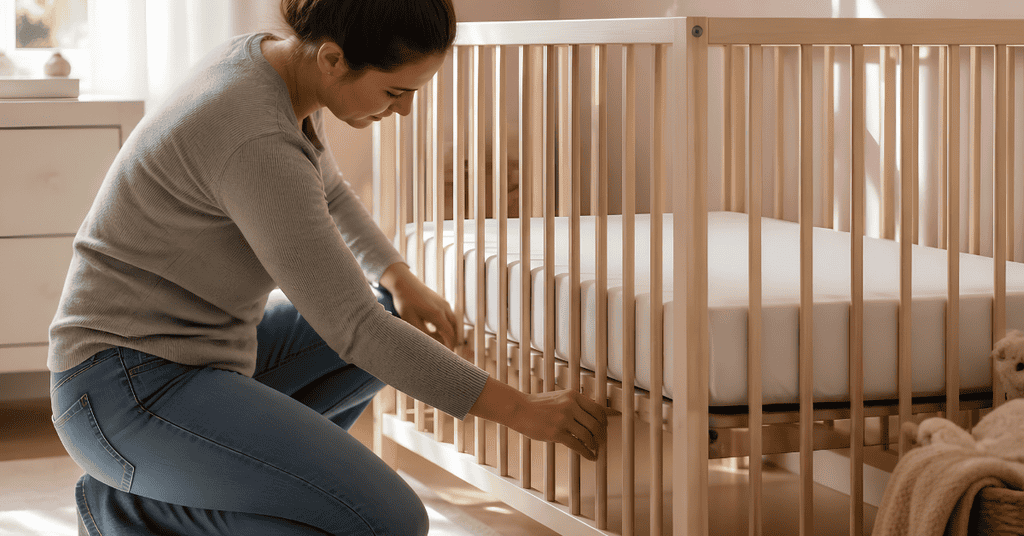 Parent adjusting the mattress support on a natural wood crib in a sunlit nursery.