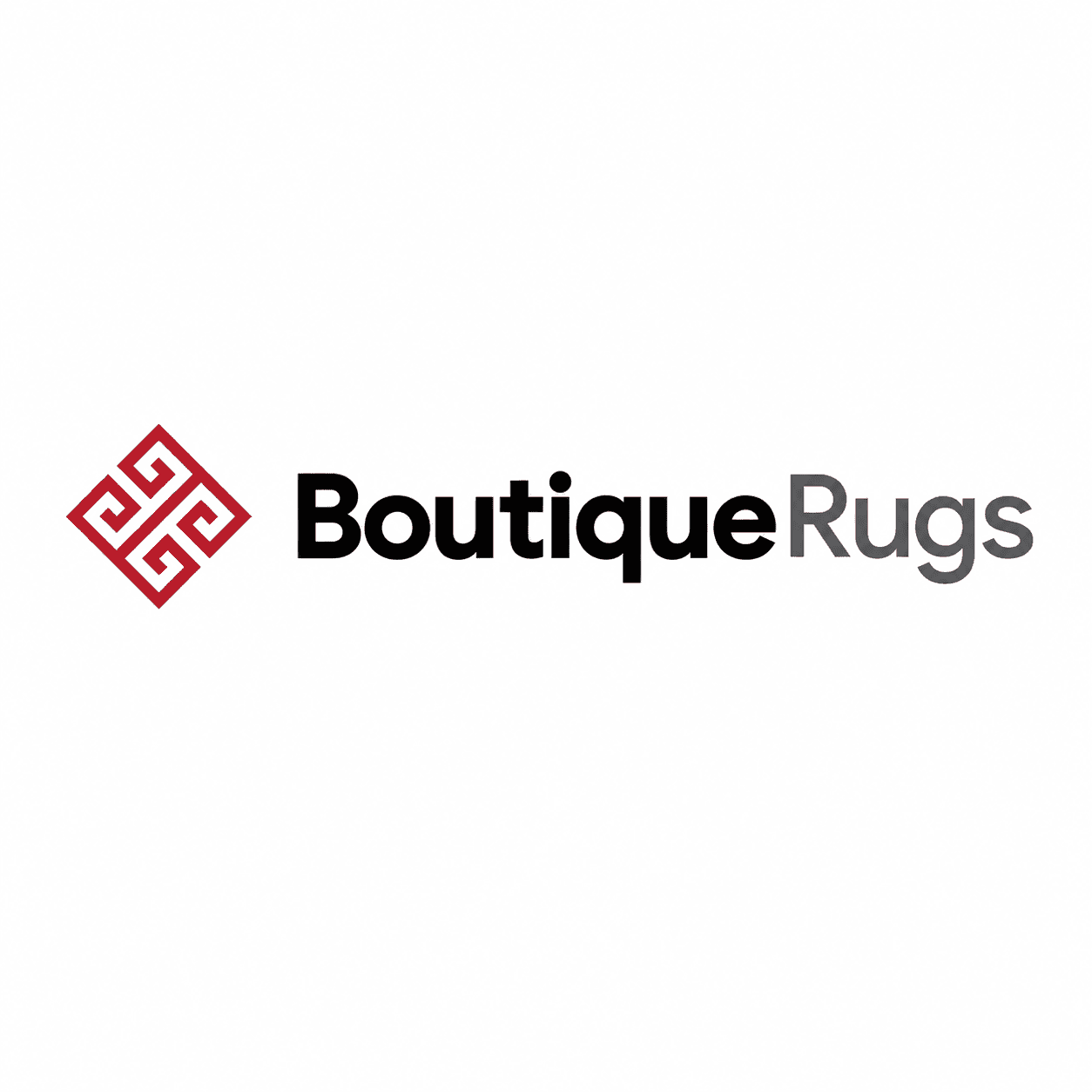 Boutique Rugs wordmark with a red geometric emblem on a white background.