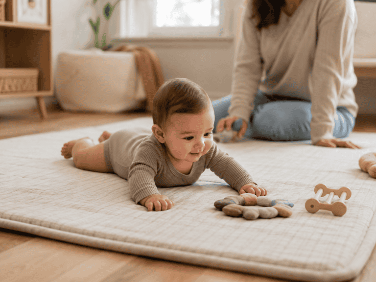 Baby doing tummy time on a neutral quilted play mat in a bright, naturally lit living room with a parent nearby.
