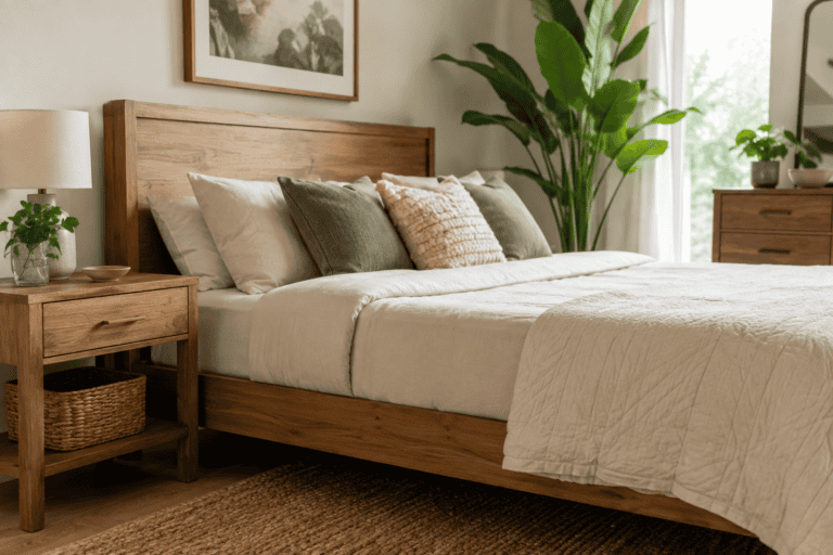 Bright bedroom with a solid wood bed frame, matching nightstand and dresser, neutral bedding, natural textures, and indoor plants.