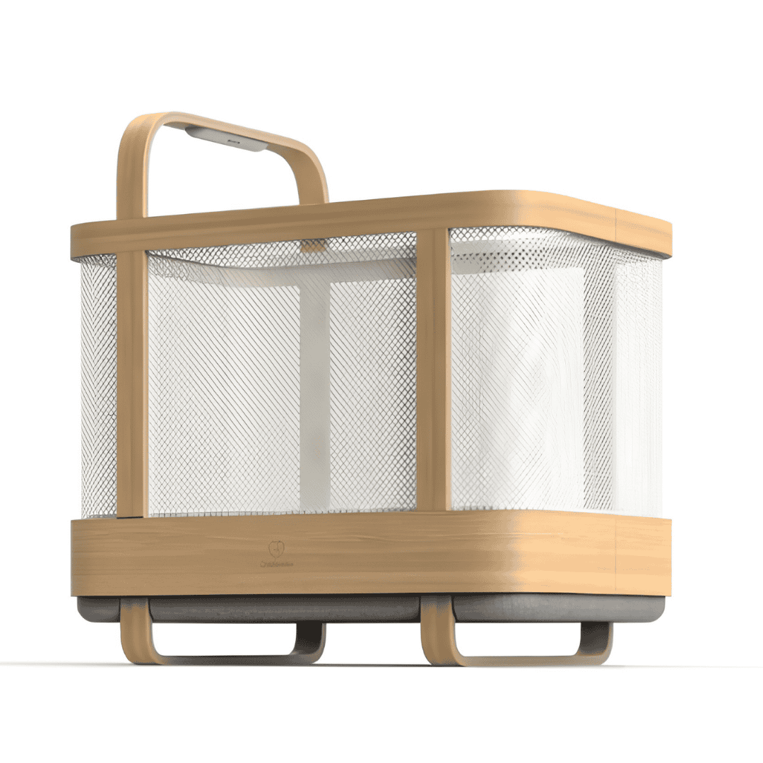 Cradlewise smart crib with mesh sides and an overhead monitor on a white background.
