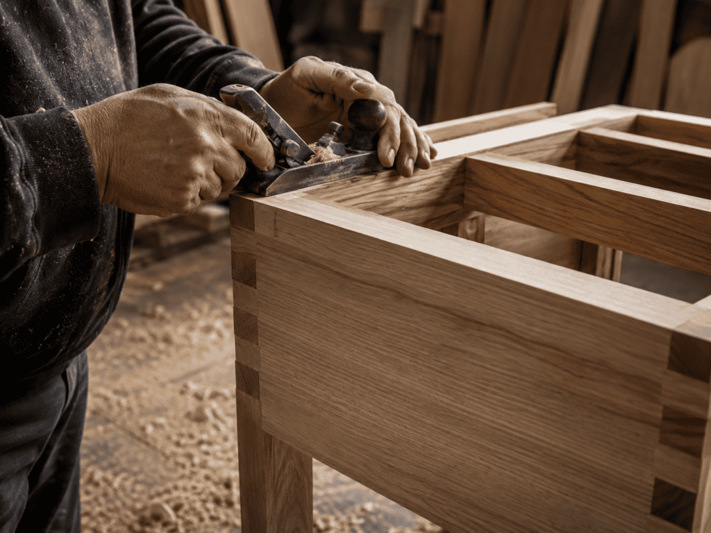 Craftsperson hand-planing a solid wood furniture frame with visible dovetail joints in a woodworking shop.