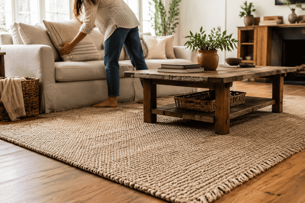 Natural-fiber area rug in a warm, sunlit living room as a barefoot person arranges cushions on the sofa.