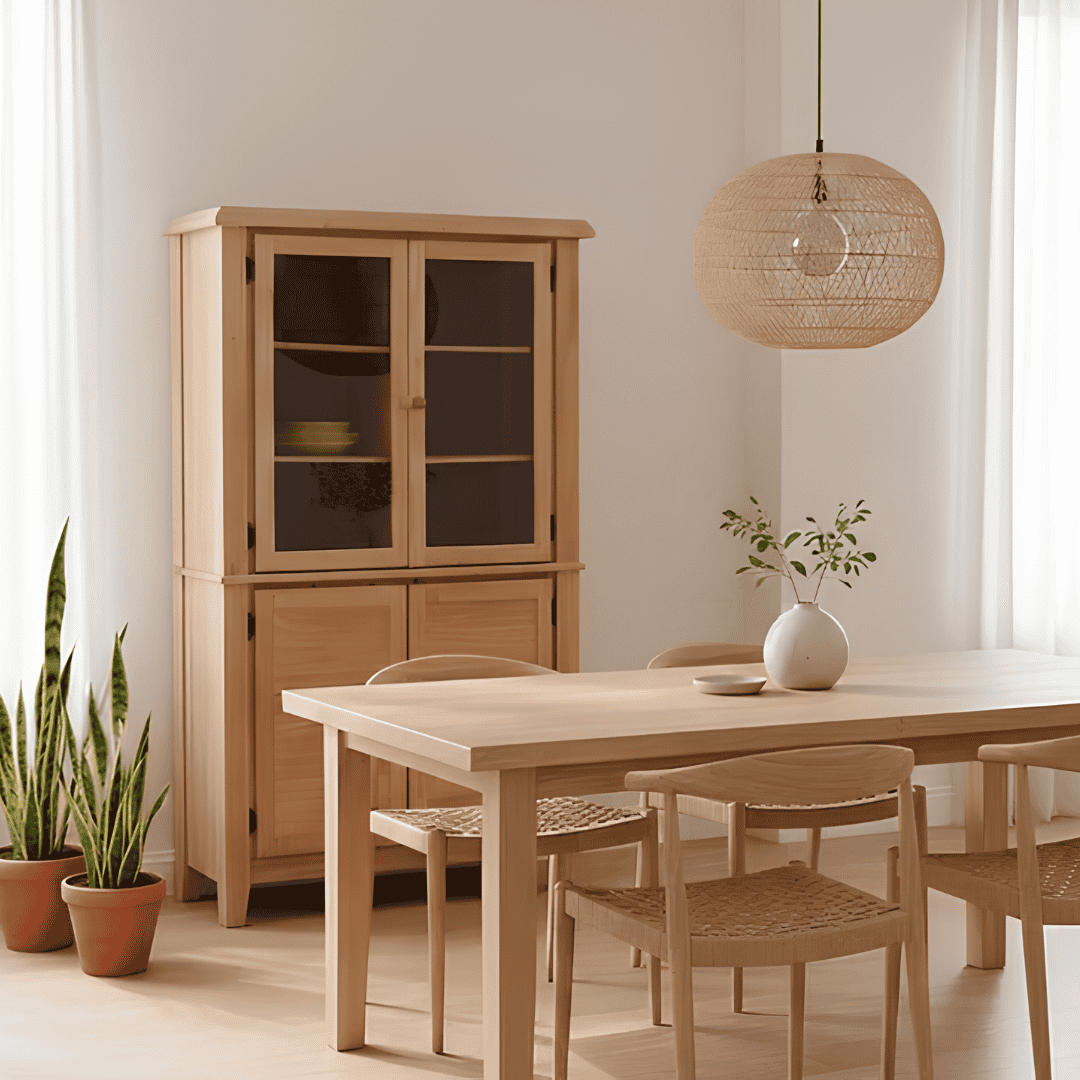 Light wood dining table, woven chairs, and storage cabinet in a bright room.