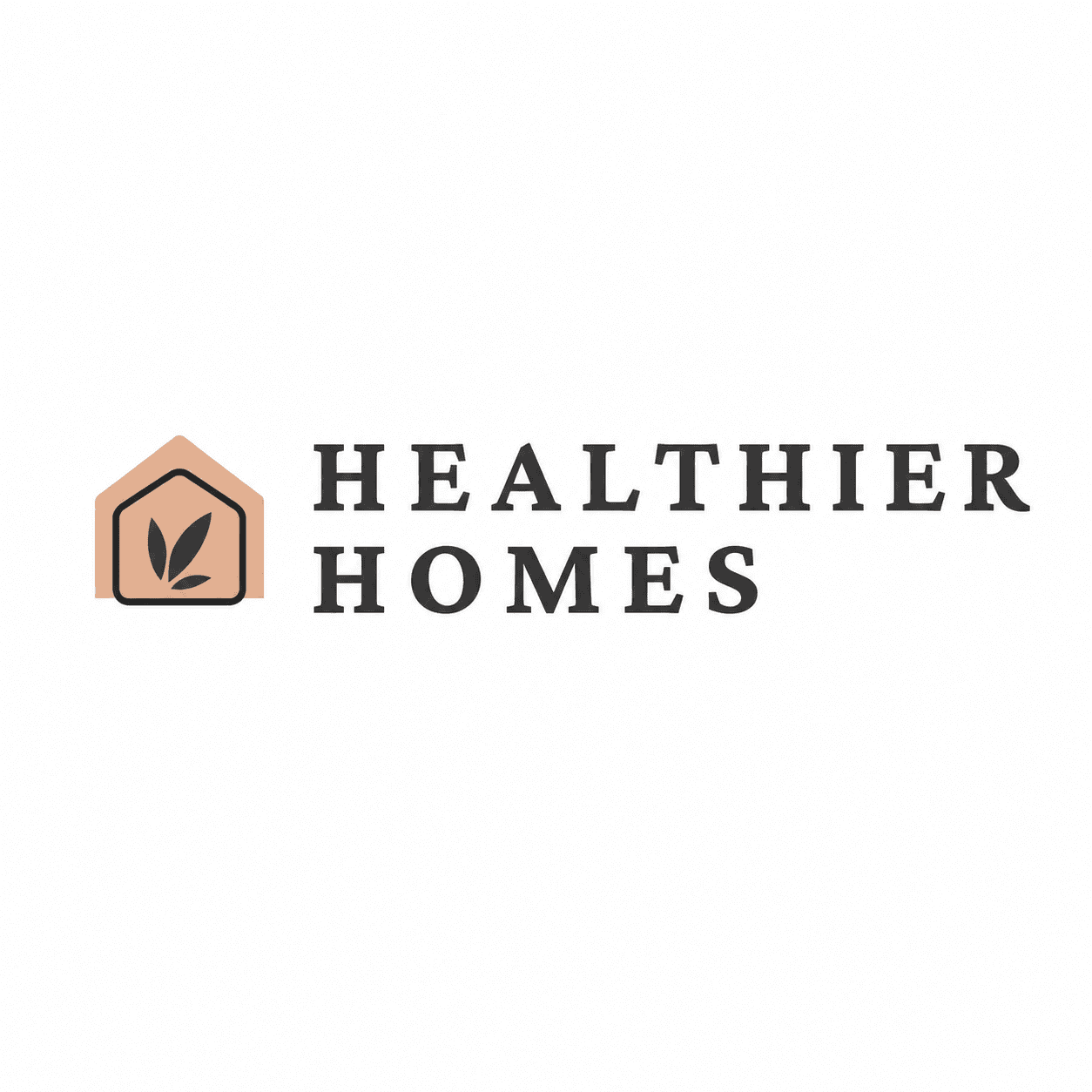 Healthier Homes wordmark with a peach house-and-leaf icon on a white background.