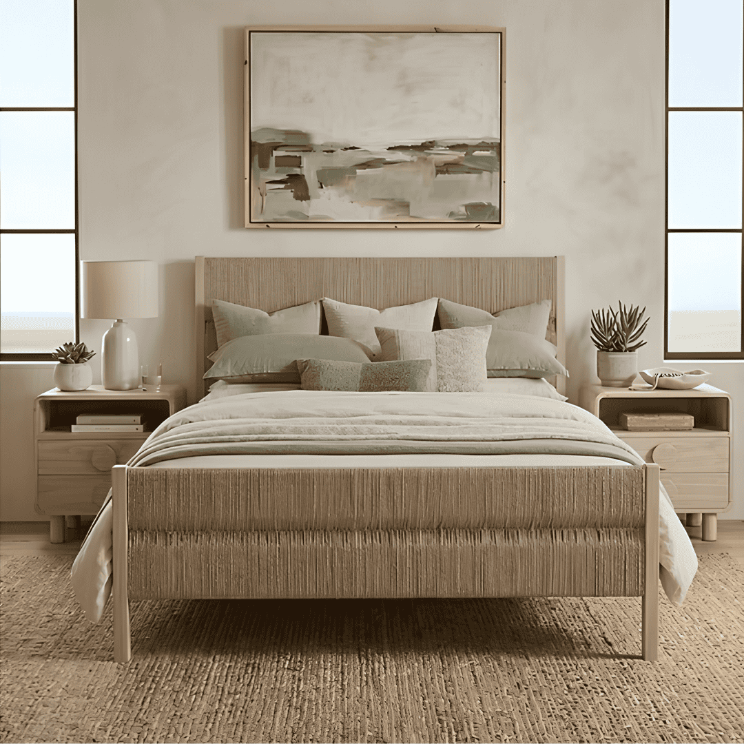 Neutral bedroom featuring a wood-framed upholstered bed, matching nightstands, natural textures, and soft bedding.