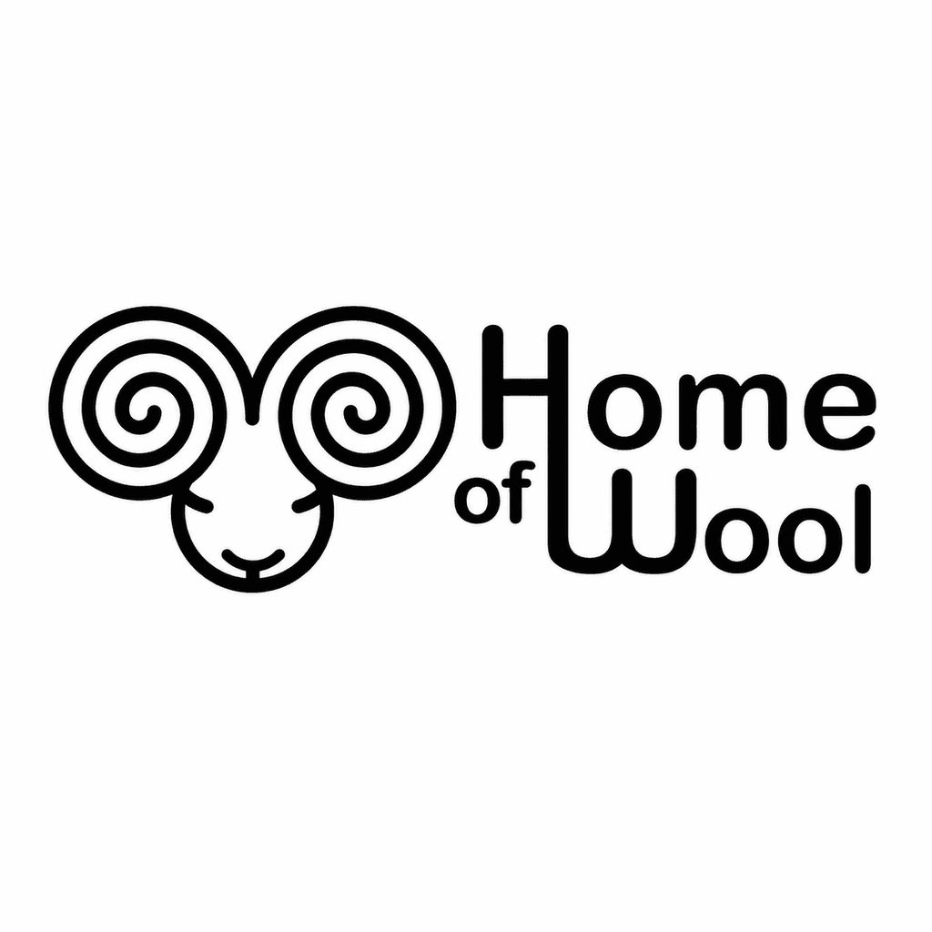 Home of Wool wordmark with a stylized sheep icon on a white background.