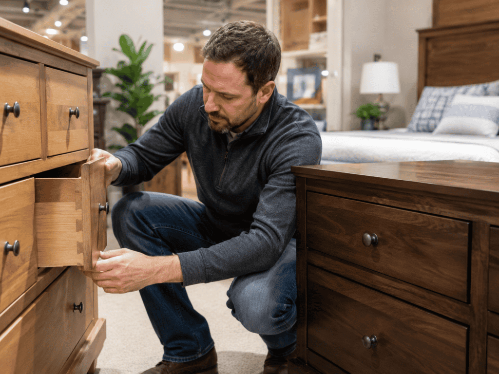 Shopper inspecting the construction and drawer joinery of solid wood bedroom furniture in a showroom.