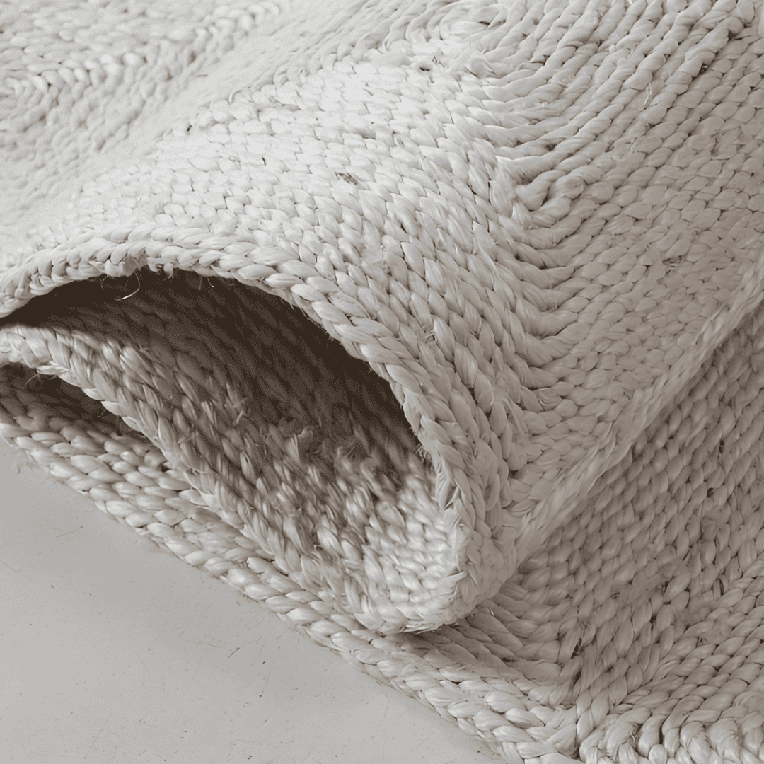 Close-up of a folded cream handwoven rug showing varied natural textures.