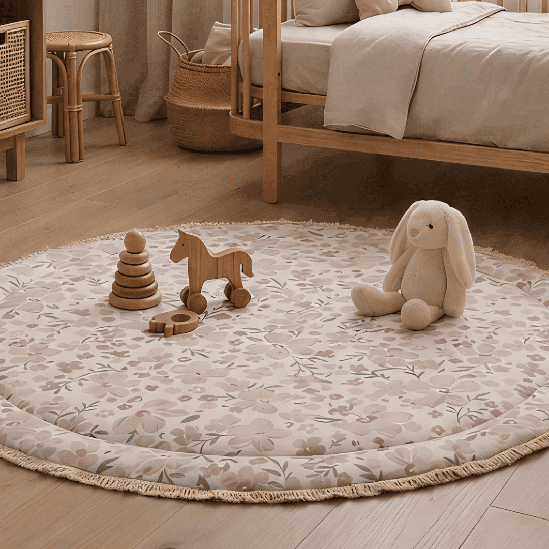 Round floral play mat with wooden toys and a stuffed bunny in a warm, naturally lit nursery.