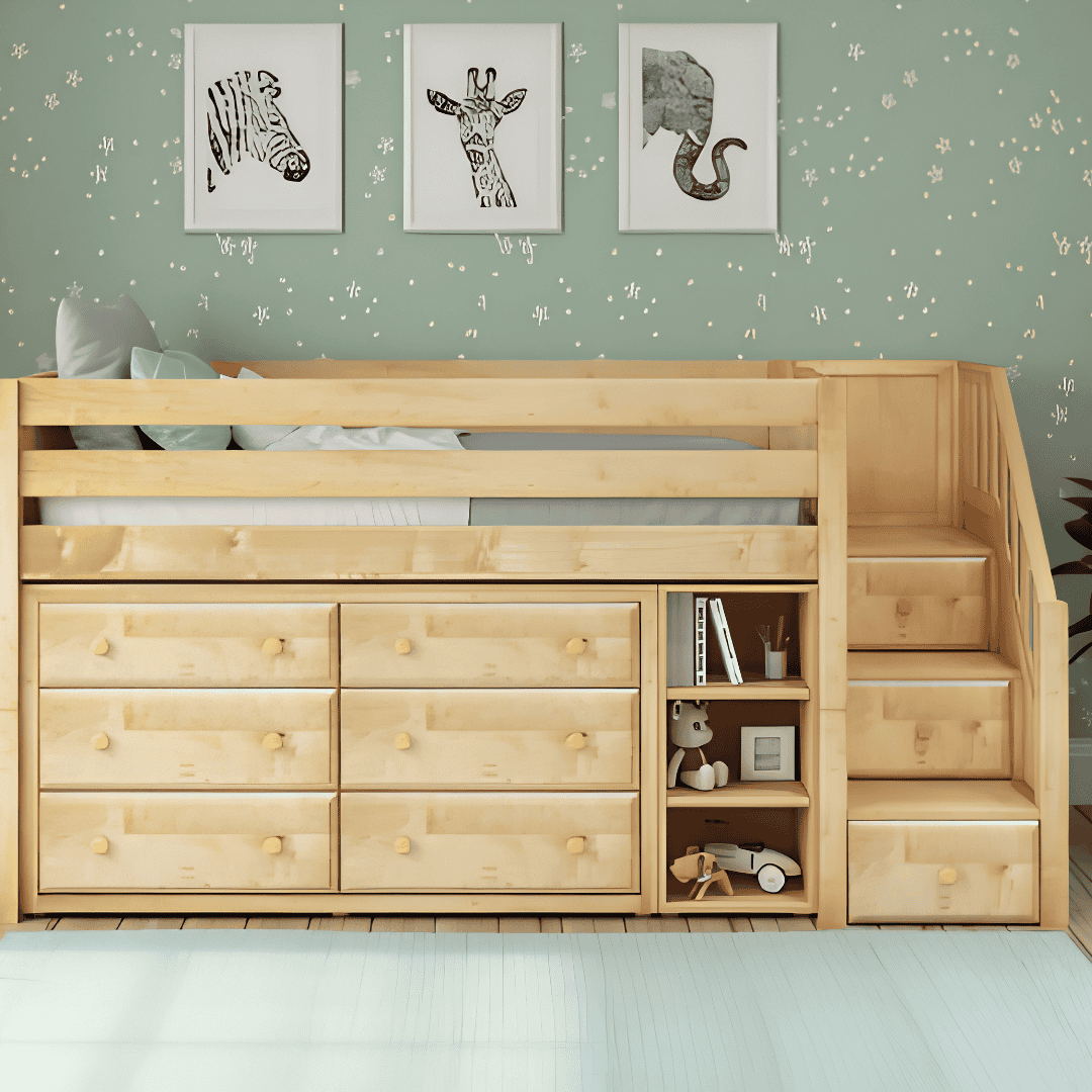 Natural wood kids’ loft bed with built-in drawers, shelving, and staircase storage.