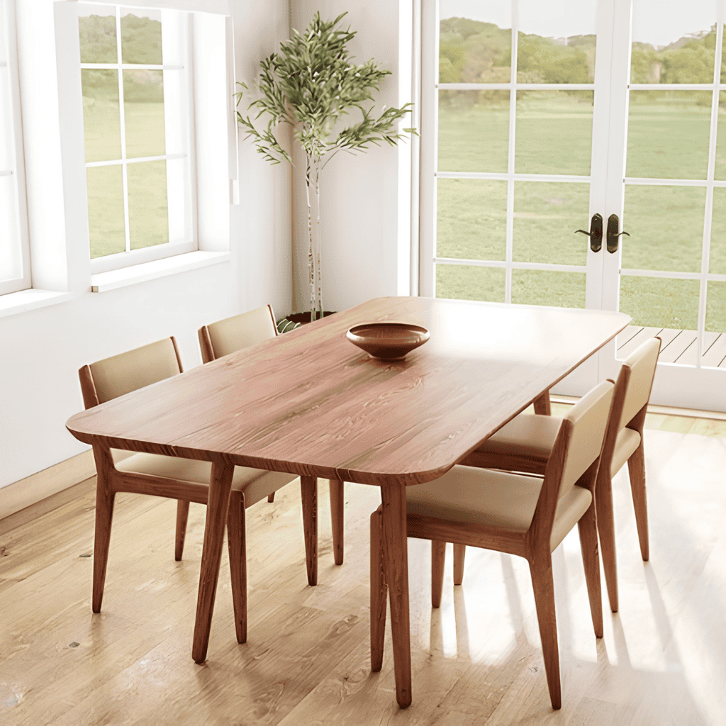 Wooden dining table with upholstered chairs in a bright dining room.