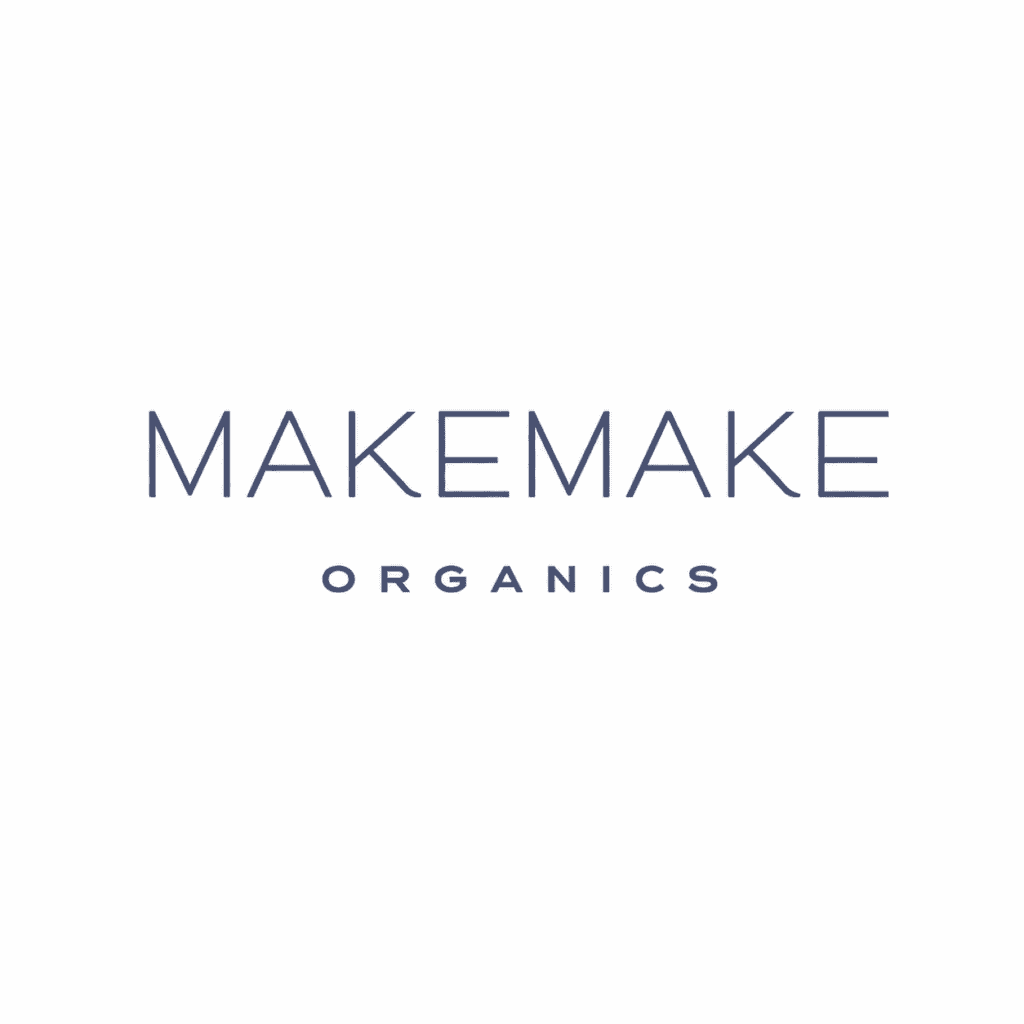 MAKEMAKE Organics blue-gray wordmark logo on a white background.