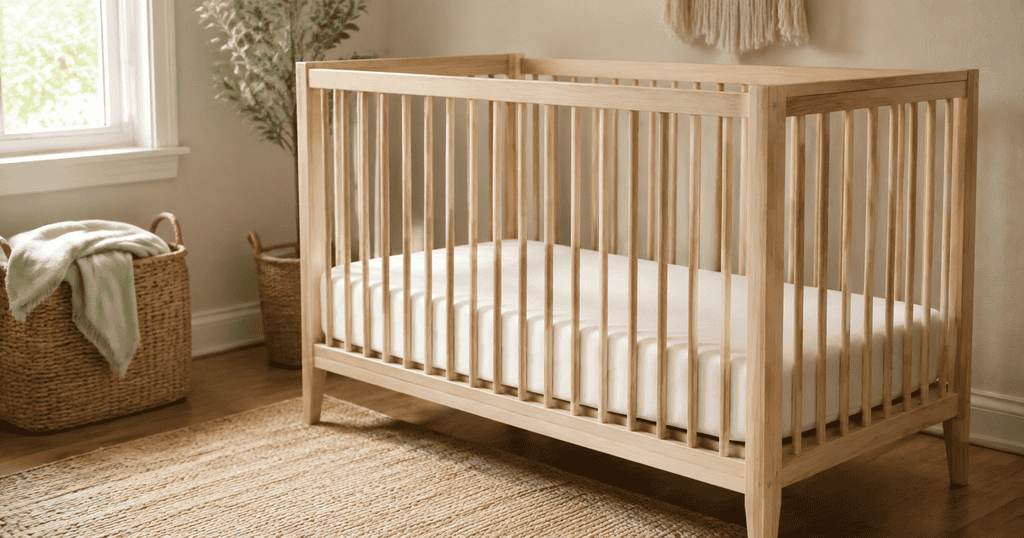 Natural solid wood baby crib with a firm fitted mattress in a softly lit, neutral nursery.
