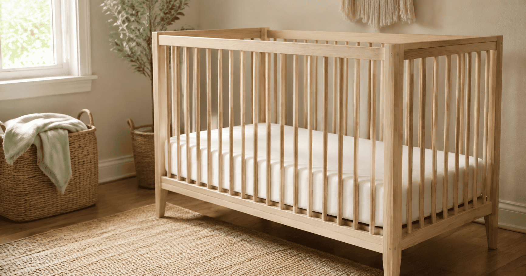 Natural solid wood baby crib with a firm fitted mattress in a softly lit, neutral nursery.