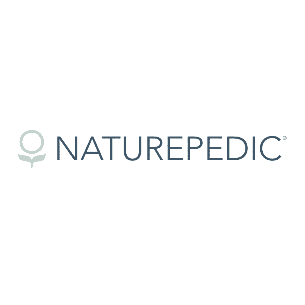Naturepedic logo with a pale green circular plant symbol and blue-gray lettering.