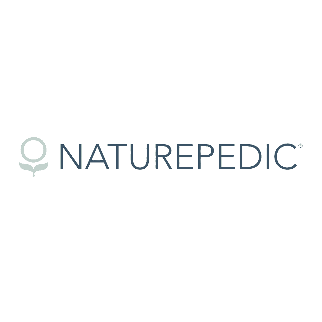 Naturepedic brand logo featuring a light sage green circular leaf symbol and gray uppercase lettering on a white background.