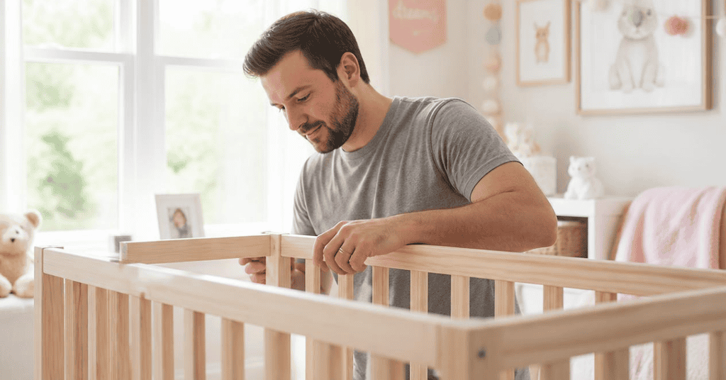 Parent checking the frame and rails of a natural wood crib in a bright nursery.
