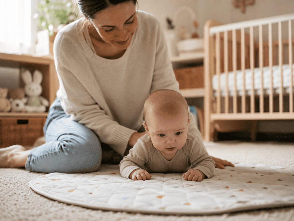 Parent sitting beside a baby during tummy time on a fabric play mat in a naturally lit nursery.