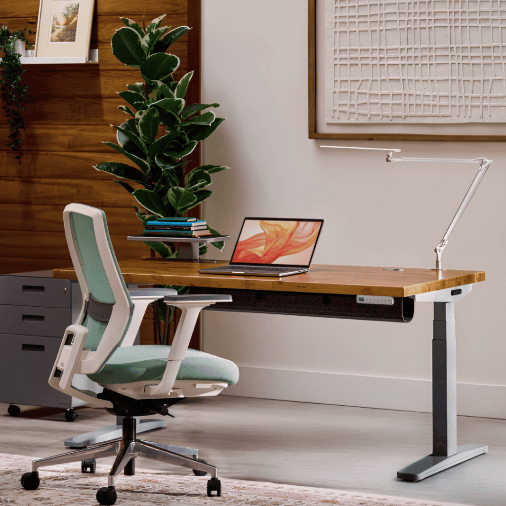 Height-adjustable standing desk with wood desktop, ergonomic chair, laptop, and lamp in a modern home office.