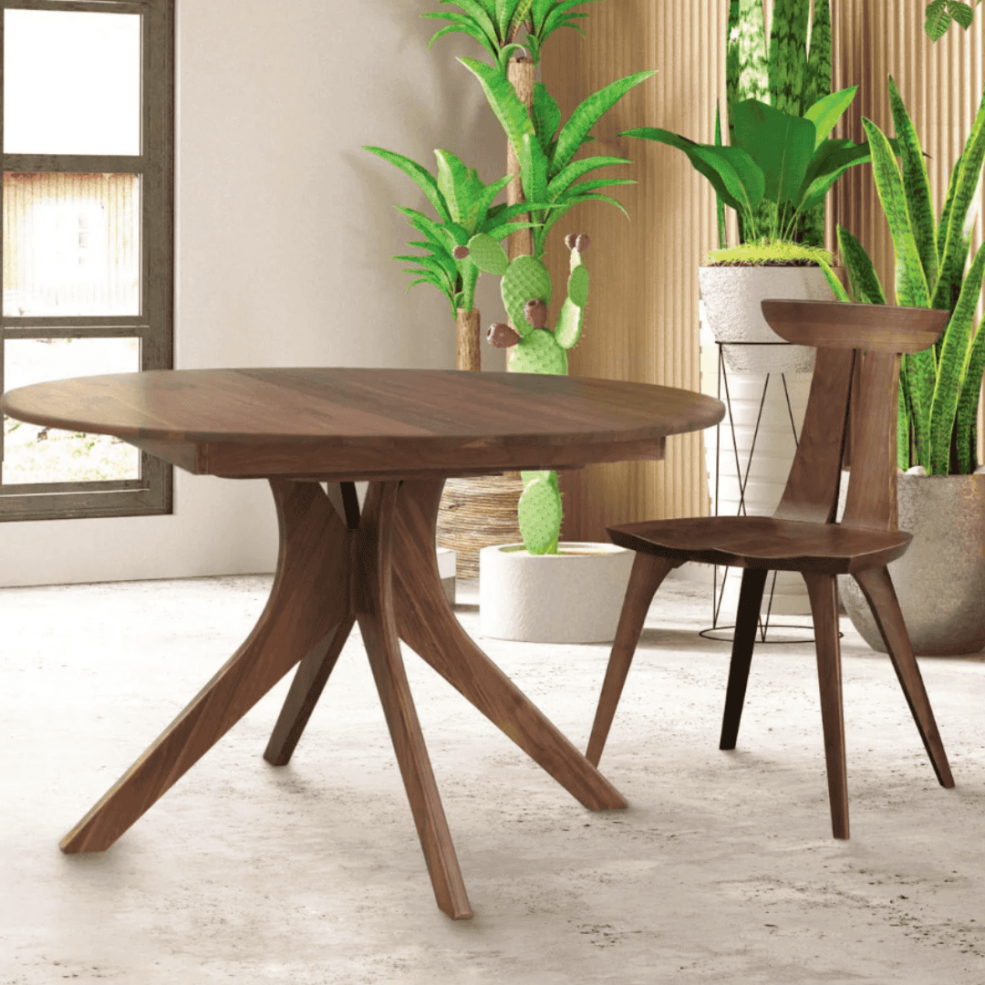 Round wooden dining table and chair surrounded by indoor plants.